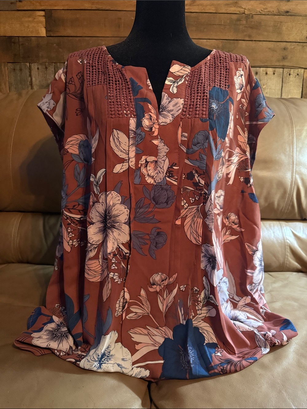 Daniel Rainn Rust Floral Pintuck Tunic with Blue & Cream Blooms